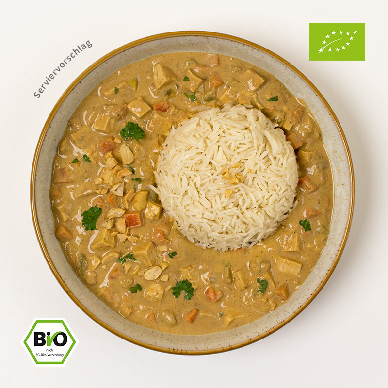 Froyda Bio Erdnuss Curry mit Reis in einer Schüssel – veganes Bio-Fertiggericht