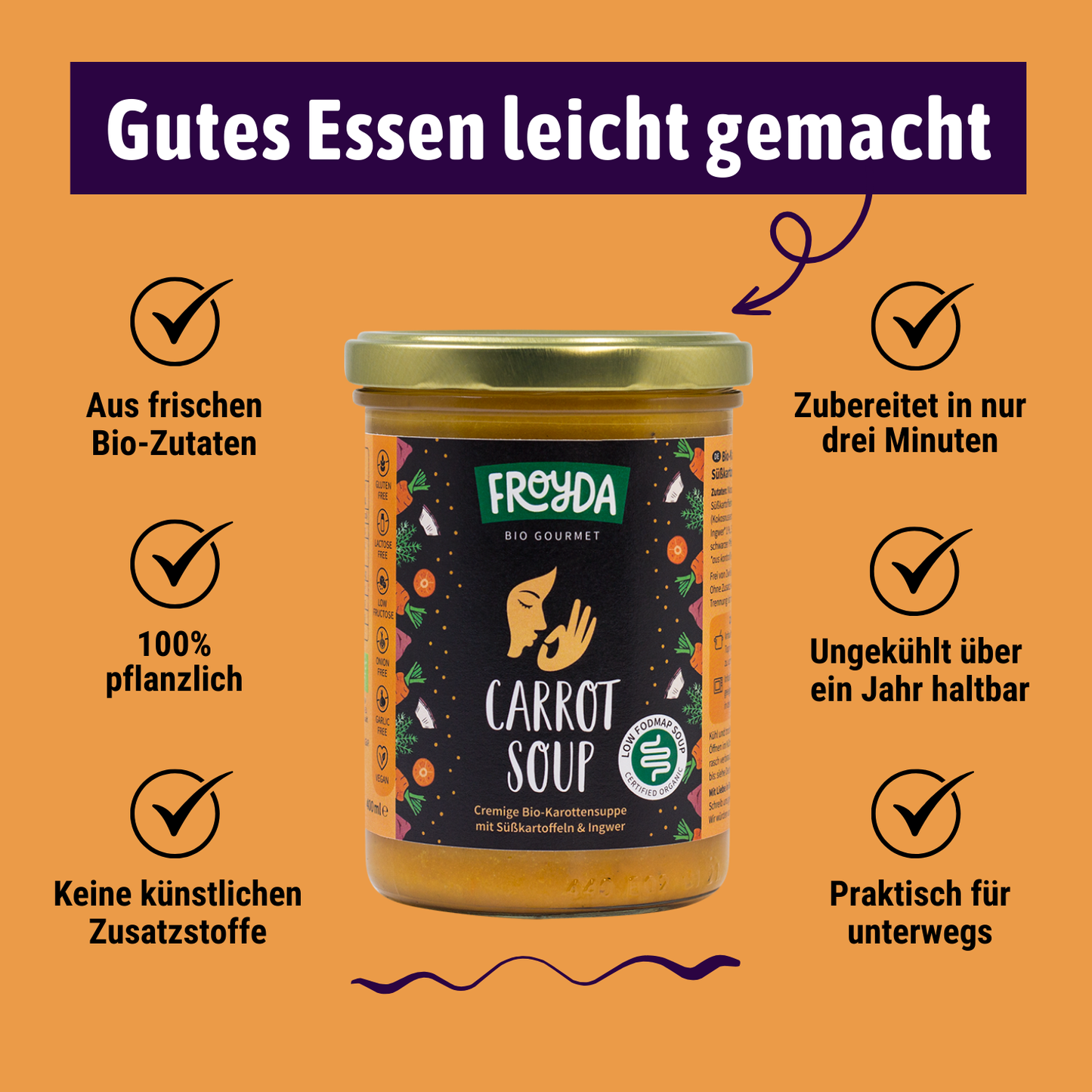 Froyda Karottensuppe im Glas auf orangefarbenem Hintergrund. 400 ml pro Glas. Überschrift liest: Gutes Essen leicht gemacht. Aus frischen Bio-Zutaten, 100 % pflanzlich, ohne künstliche Zusatzstoffe, zubereitet in nur drei Minuten, ungekühlt über ein Jahr haltbar, praktisch für unterwegs.