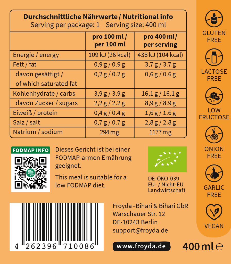 Froyda Karottensuppe - Etikett mit Nährwertangaben. Cremige Bio-Karottensuppe mit Süßkartoffeln und Ingwer. Aus frischen Bio-Zutaten. Europäisches Bio-Siegel DE-ÖKO-039. 100% pflanzlich, ohne künstliche Zusatzstoffe, ohne Kristallzucker, glutenfrei, laktosefrei, fruktosearm, FODMAP-arm bzw. low FODMAP, ohne Zwiebeln, ohne Knoblauch. Dieses Gericht ist bei einer FODMAP-armen Ernährung geeignet. Inhalt: 400 ml. Bestellen auf froyda.de