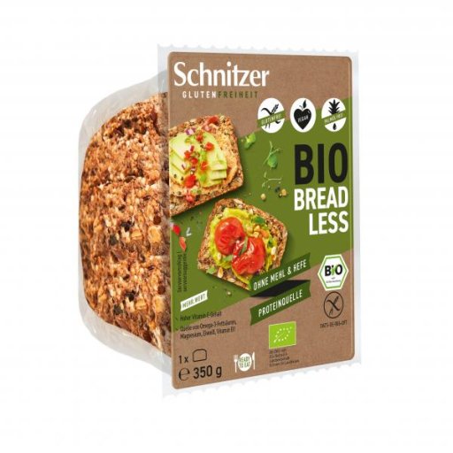 Eine Packung Schnitzer Bio Bread Less auf weißem Hintergrund - glutenfrei, laktosefrei und vegan