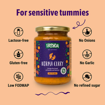 Froyda organic Korma Curry jar - gluten-free and lactose-free ready meal.