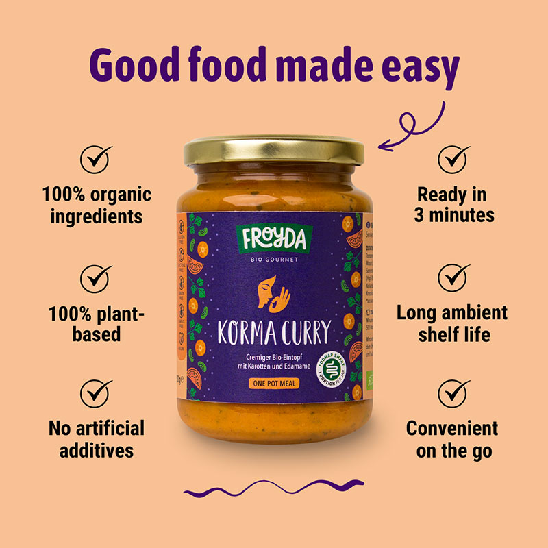 Froyda organic Korma Curry jar - vegan plant-based ready meal.