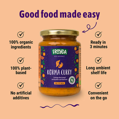 Froyda organic Korma Curry jar - vegan plant-based ready meal.