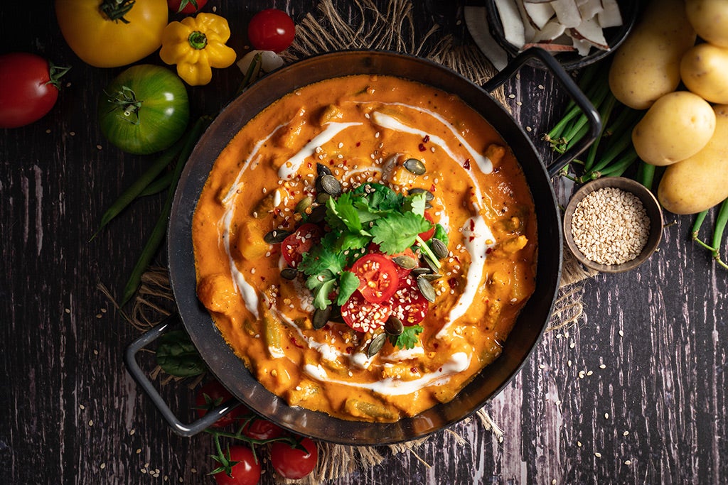 Madras Curry mit grünen Bohnen und Kartoffeln. Low FODMAP und vegan.